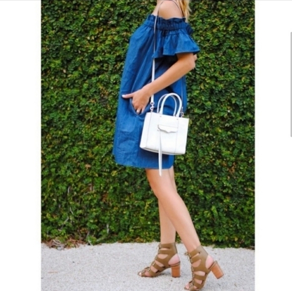 Corey Lynn Calter Anthropologie Chambray Off the Shoulder OTS Mini Dress Size M - Picture 8 of 11